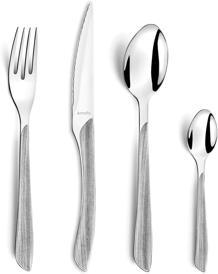 Amefa ECLAT Besteck Set | NATURE Grau Holz | Essbesteck 24-teilig für 6 Personen | Edelstahl rostfre