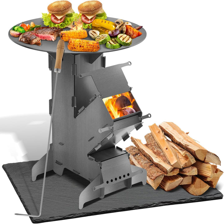 Peviasot Raketenofen mit Grillplatte und Feuerhaken Rocket Stove Outdoor 2 zusätzlichen Standfüssen