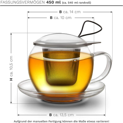 Creano Jumbo Tee-Tasse XXL mit Henkel und integriertem Edelstahlsieb, Glas-Deckel und Untertasse | 4