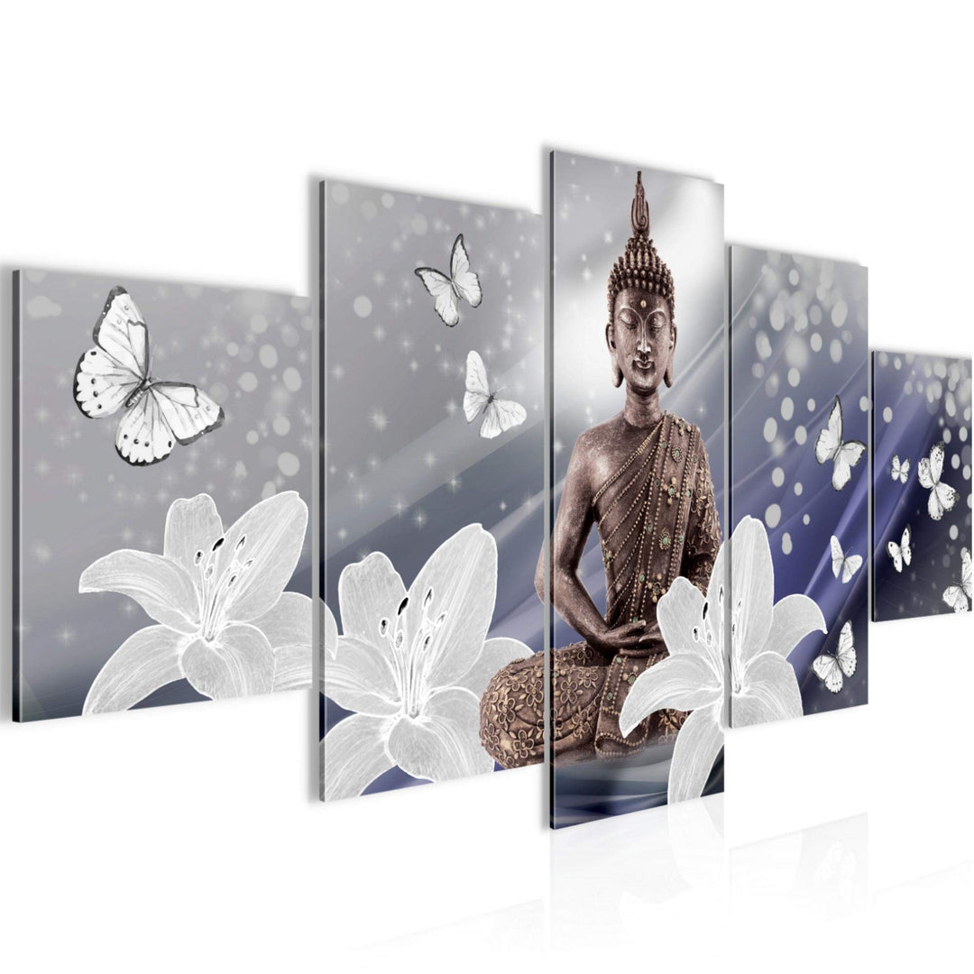 Runa Art Wandbilder Buddha Blumen 5 Teilig Bild auf Vlies Leinwand Deko Wohnzimmer Schmetterling Zen