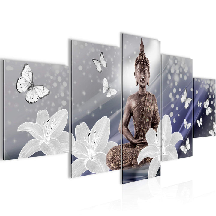 Runa Art Wandbilder Buddha Blumen 5 Teilig Bild auf Vlies Leinwand Deko Wohnzimmer Schmetterling Zen
