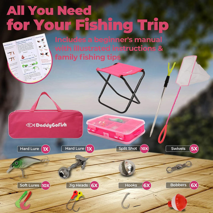 DaddyGoFish Kinder Angelset - Teleskoprute &amp; Rolle Combo mit Klappstuhl, Rutenhalter, Tackle Box, Kö