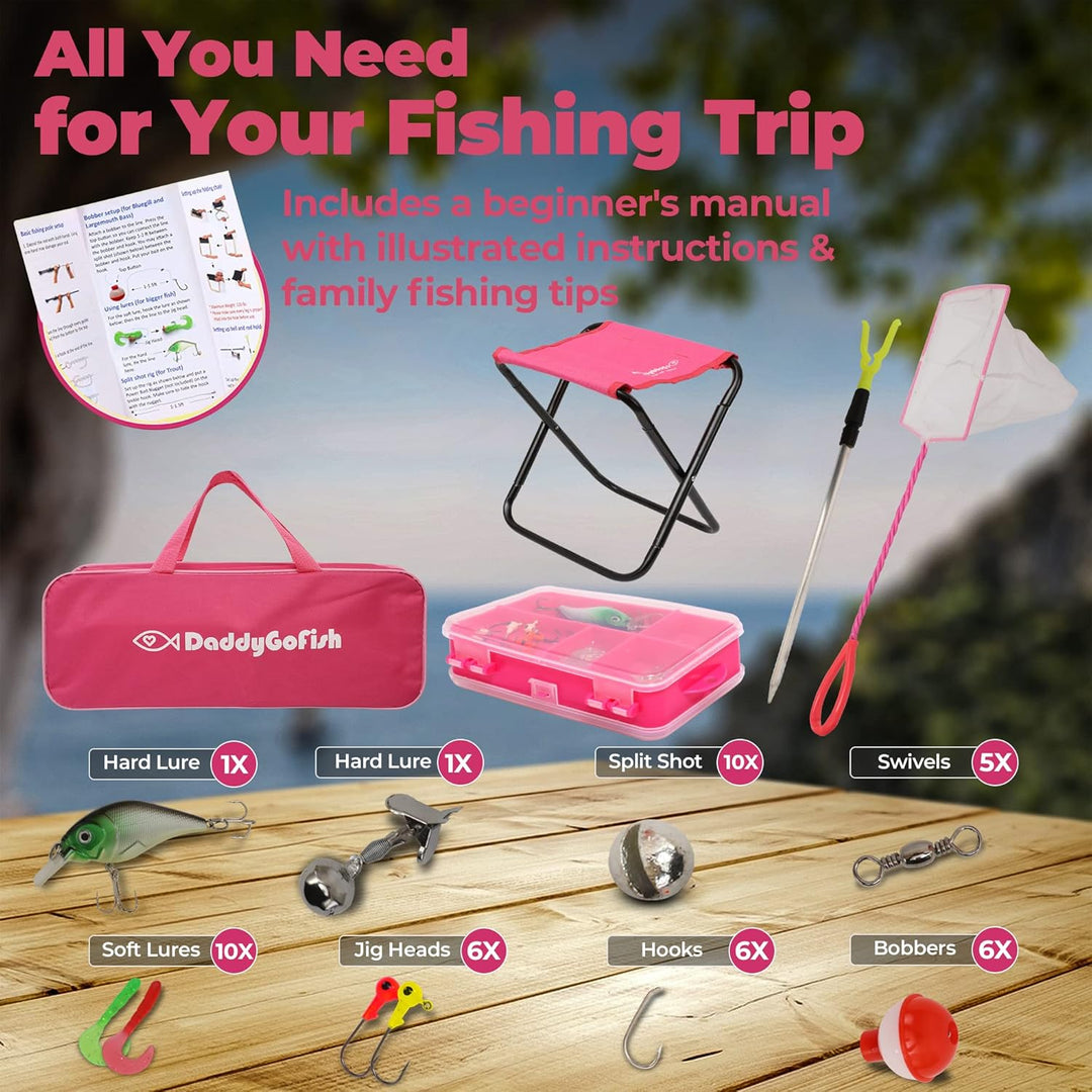 DaddyGoFish Kinder Angelset - Teleskoprute &amp; Rolle Combo mit Klappstuhl, Rutenhalter, Tackle Box, Kö