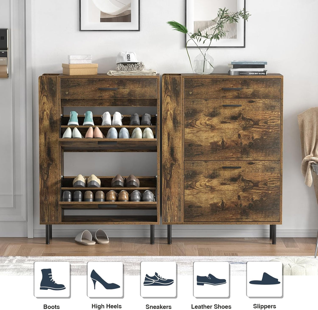 Schuhschrank mit 2 Klapptüren Mit Schubladen, Schuhaufbewahrung, Holz Schuhkipper, Schuhregal, Trenn