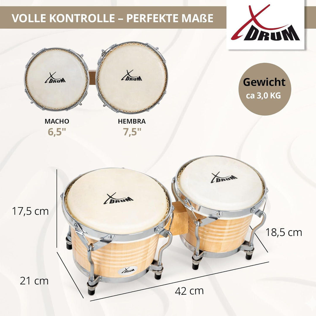 XDrum Bongos Pro Natur - 2 Trommeln mit 6,5" (17 cm) und 7,5" (20 cm) Durchmesser - Bongotrommeln mi