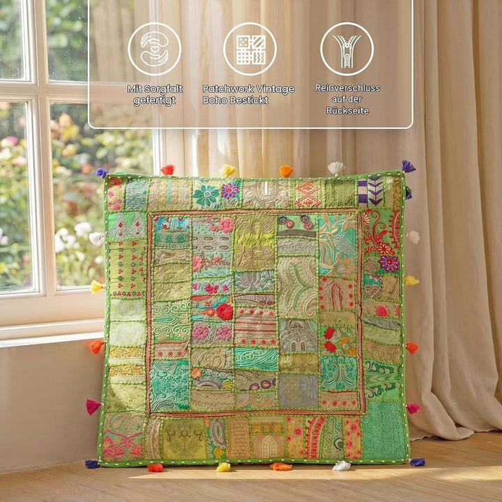 THE ART BOX 88 x 88 x 12 cm, Vintage-Patchwork, grosses Outdoor-Kissen, grosses Hundebett, Gartendek