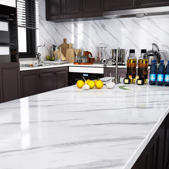 Livelynine 5M X 60 CM Breit Marmor Folie Weiss Grau Klebefolie Tisch Marmorfolie Selbstklebend Dekor