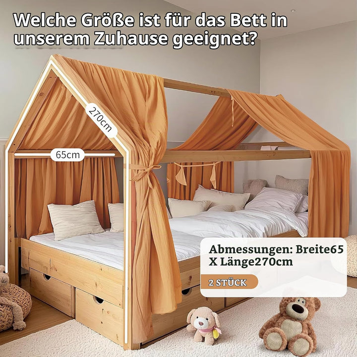 FloraVigo Hausbetthimmel 2 Stück, handgefertigt aus 100% Baumwoll-Musselin, Stoffhimmel zur Hausbett