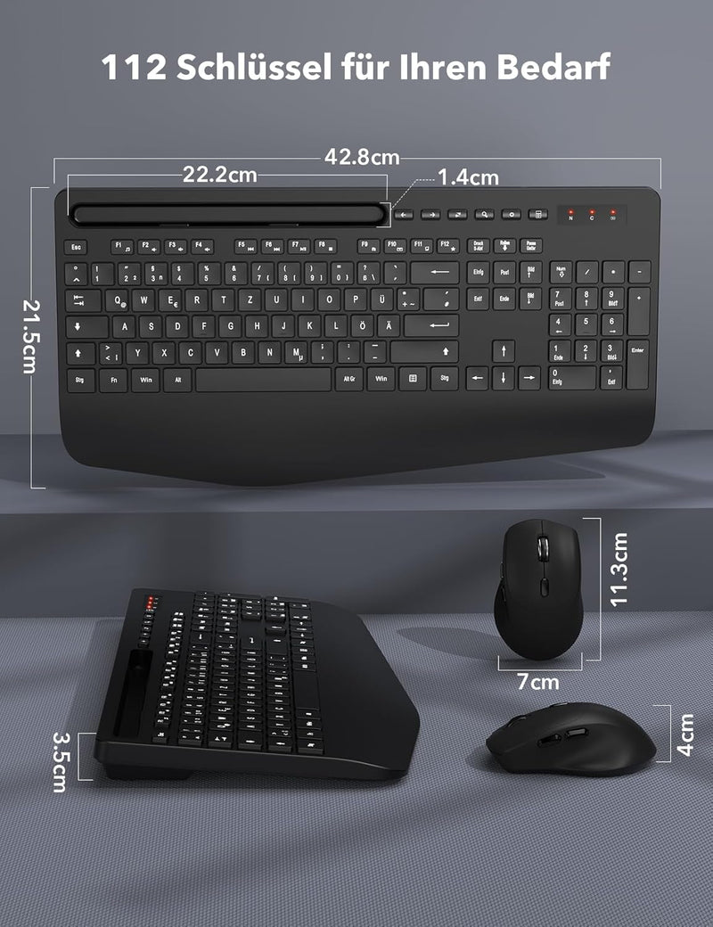 Tastatur Maus Set Kabellos, Ergonomische Tastatur in Voller Grösse mit Handgelenkauflage, Telefonhal