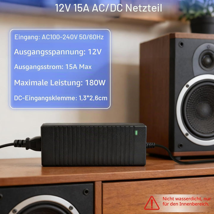 KFZ Netzadapter 12V 15A, Spannungswandler AC 230V auf DC 12V 15A 180W mit Europäischem Standardsteck