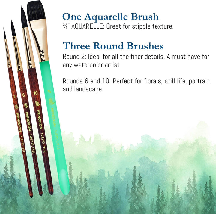 Princeton Neptune 4750 Pinsel-Set für Aquarellmalerei, 4-teilig, weich, synthetisch, Eichhörnchenpin