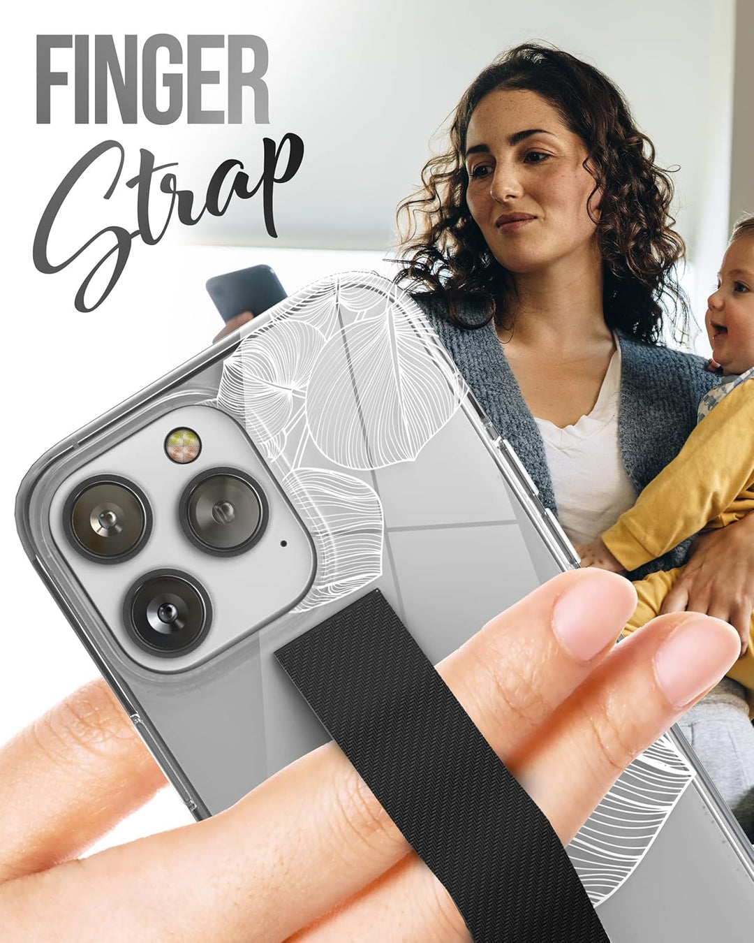 Encased Schutzhülle für iPhone 14 Pro Max, Handschlaufe, mit Fingerschlaufe, Displayschutzfolie (wei