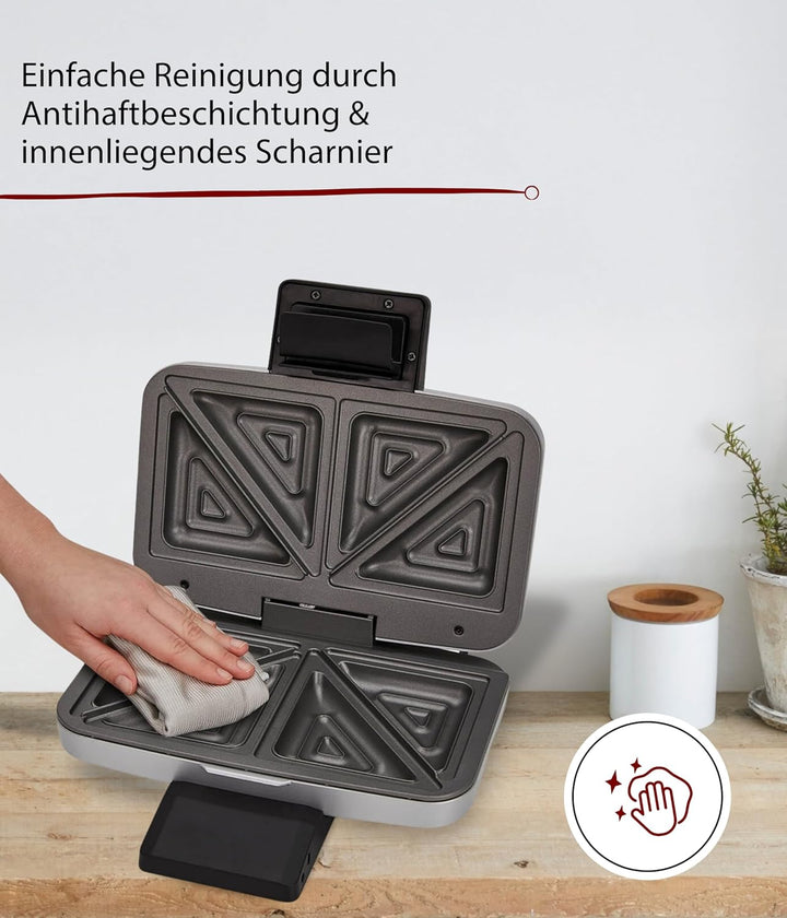 Cloer 6259 Sandwichmaker, 900 W für 2 diagonal geteilte Toasts, American Toasts, XXL Füllungen Silbe