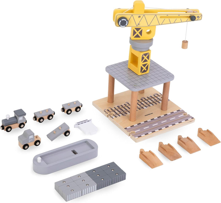 Mamabrum, Beweglicher Hafenkran mit Magnetwinde und Zubehör - Holz-Set, Beweglicher Kran, LKW, Wagen