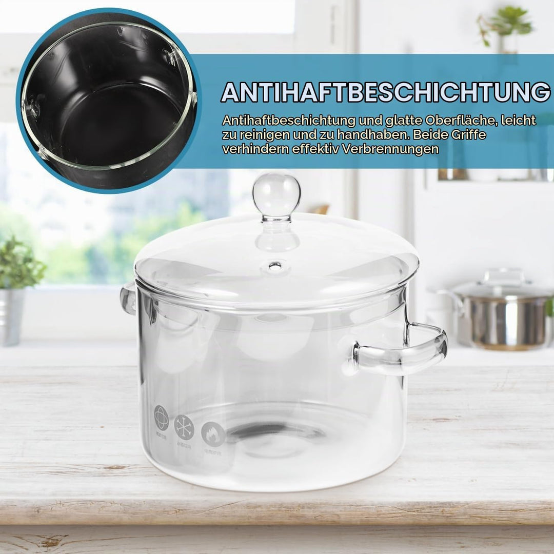 ERINGOGO Glastopf zum Kochen,Hoher Borosilikat- Glas- Suppe Topf Glas Sofortnudel Kochtopf Mit Decke