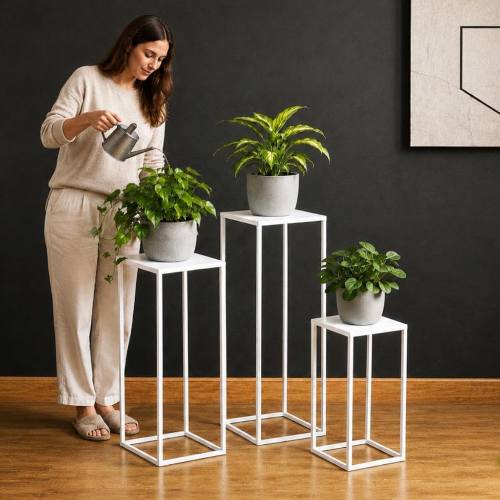 DanDiBo Blumenhocker Metall Weiss Eckig Blumenständer Beistelltisch 96482 3er Set Blumensäule Modern