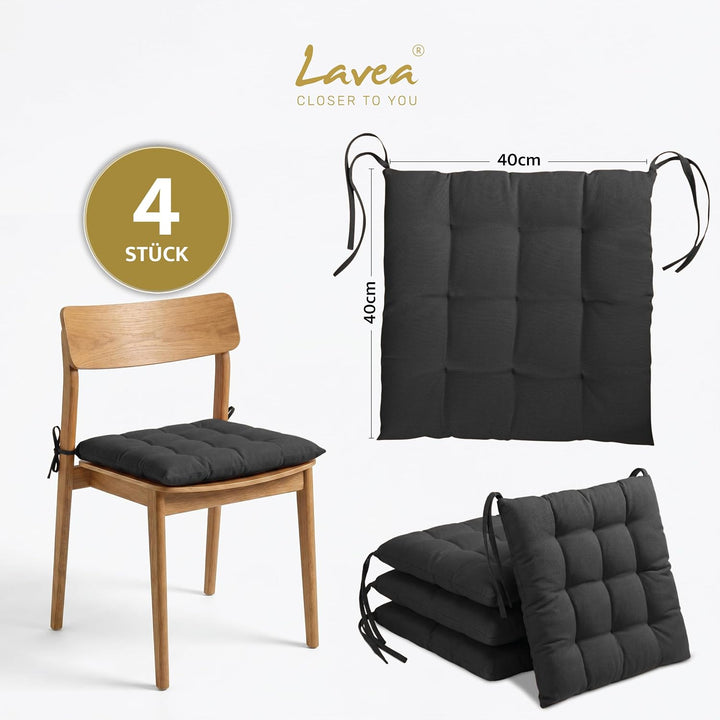 Lavea® Sitzkissen &amp; Stuhlkissen 40x40 cm – 4er Set – mit Stoffbändern – Outdoor &amp; Indoor – waschbar