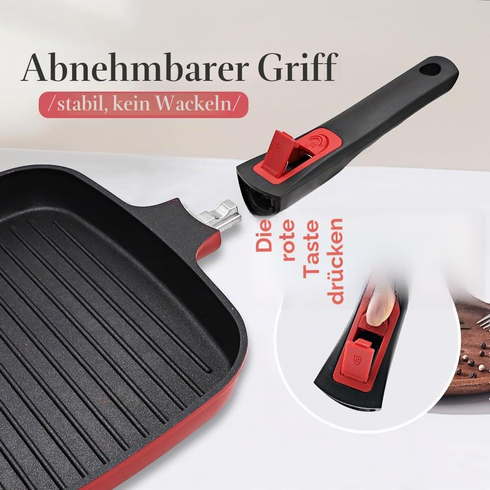 Grillpfanne Induktion mit Deckel 26 x 24 cm, Steakpfanne Eckig mit Abnehmbarer Griff, Grill Pfanne A