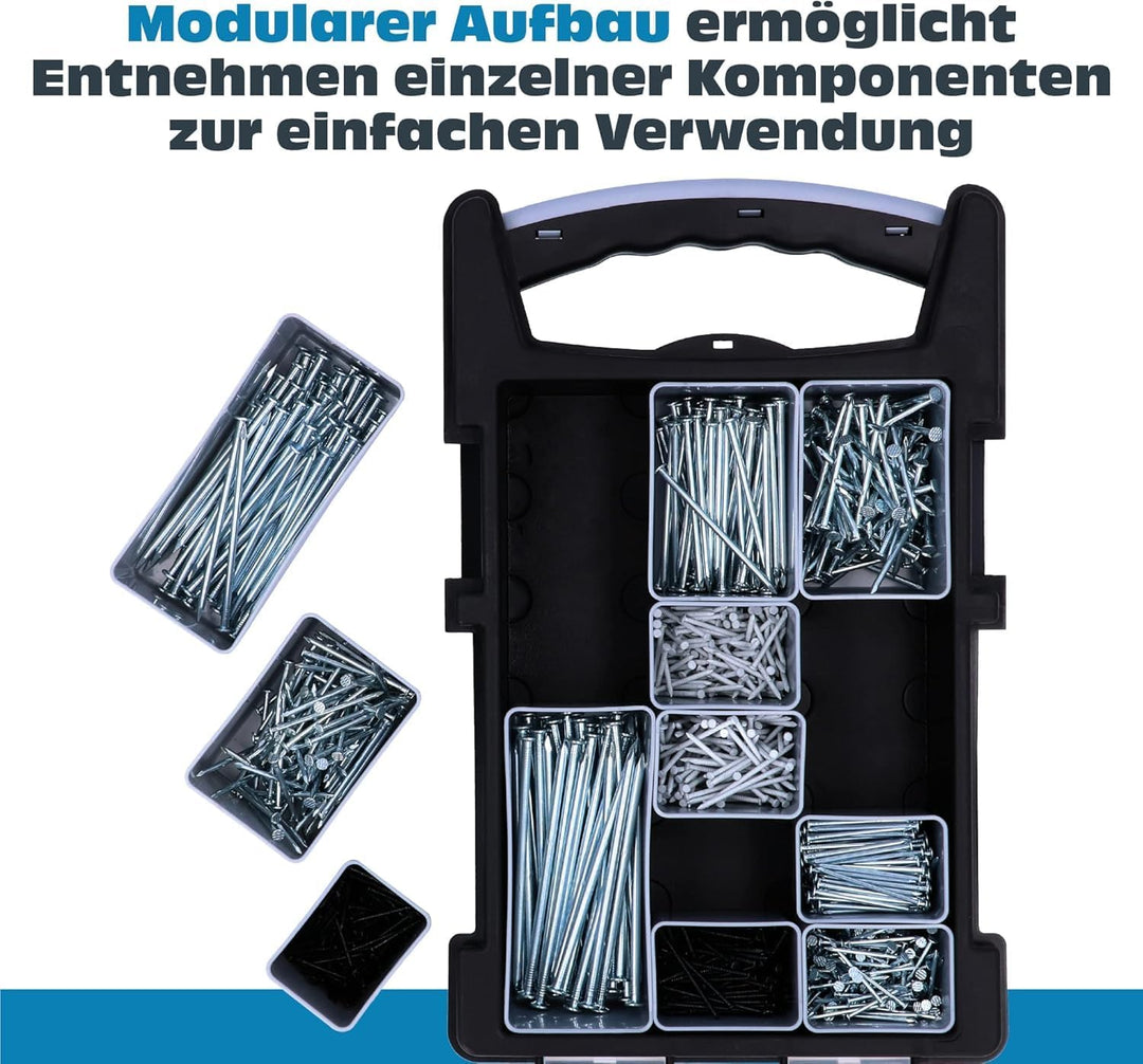 HELPMATE Nagelsortiment Box Haushalt - 1200 Stahlnägel gehärtet - Verschiedene Grössen auch kleine N