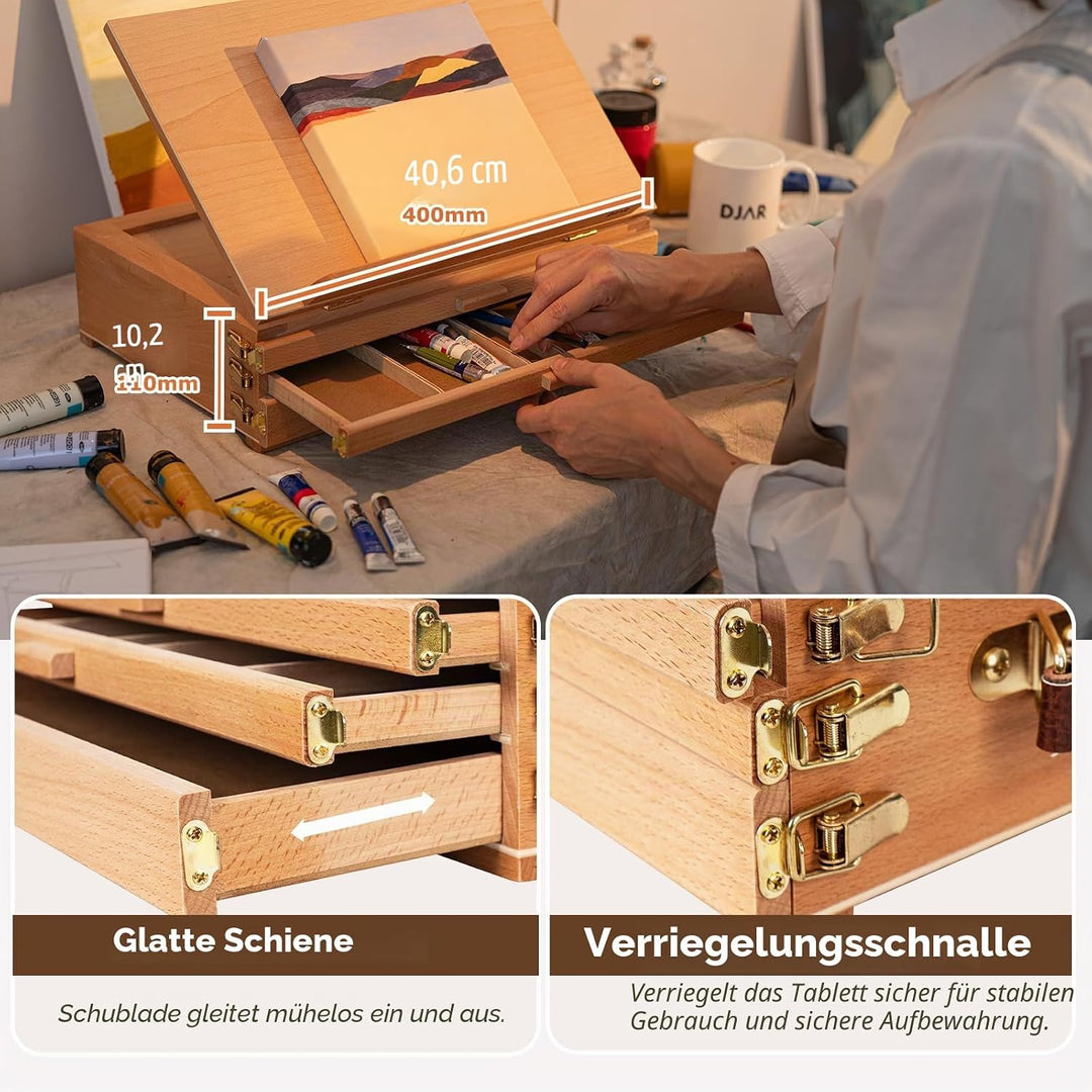DJAR Tischstaffelei Holz mit 3 Schublade, Tisch-Skizzenbox aus Buchenholz, tragbare Künstler-Staffel