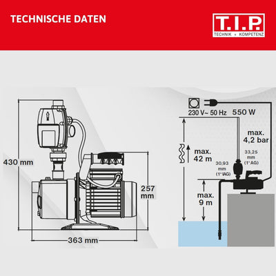 T.I.P. Hauswasserautomat Edelstahl (2.800 l/h Fördermenge, 42 m Förderhöhe, 4,2 bar Druck, 550 W, El