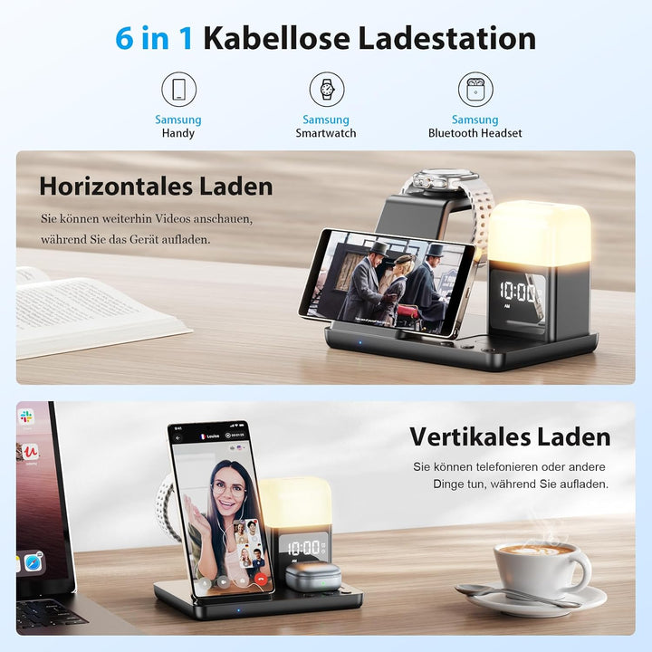 6 in1 Upgradierter Induktive Ladestation für Samsung mit Wecker & 3-Farben-Licht | Wireless Charger