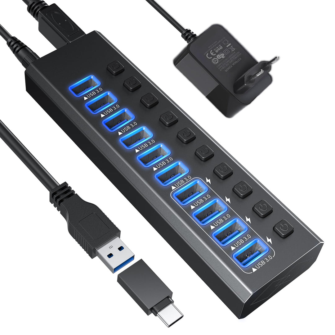 USB-3.0-Hub, Aluminium, 10 Anschlüsse, USB-3.0-Daten-Hub mit 12 V/4 A (48 W) Netzadapter und individ