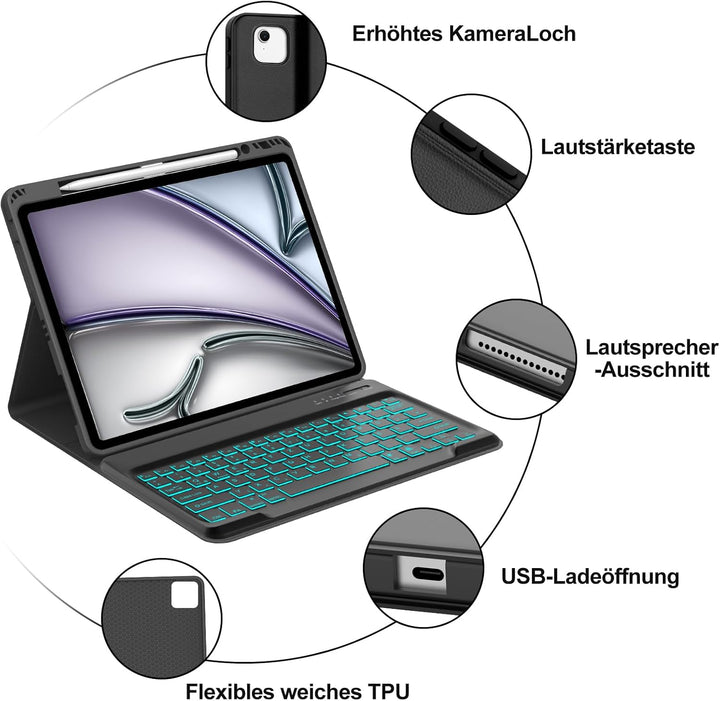 IVEOPPE Hülle mit Tastatur für iPad Air 13 Zoll 2025 M3/2024 M2, Deutsches Beleuchtung QWERTZ Layout