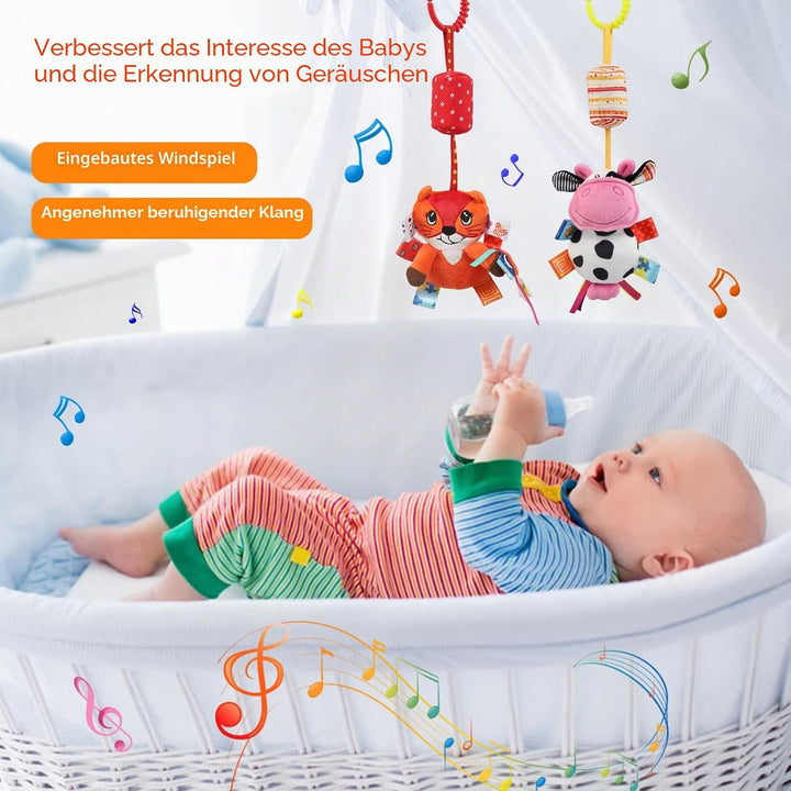 JoyLife Baby Kinderwagen Spielzeug, 4 Stück Plüschtier mit Glöckchen, Baby Spielzeug Kinderbett Anhä