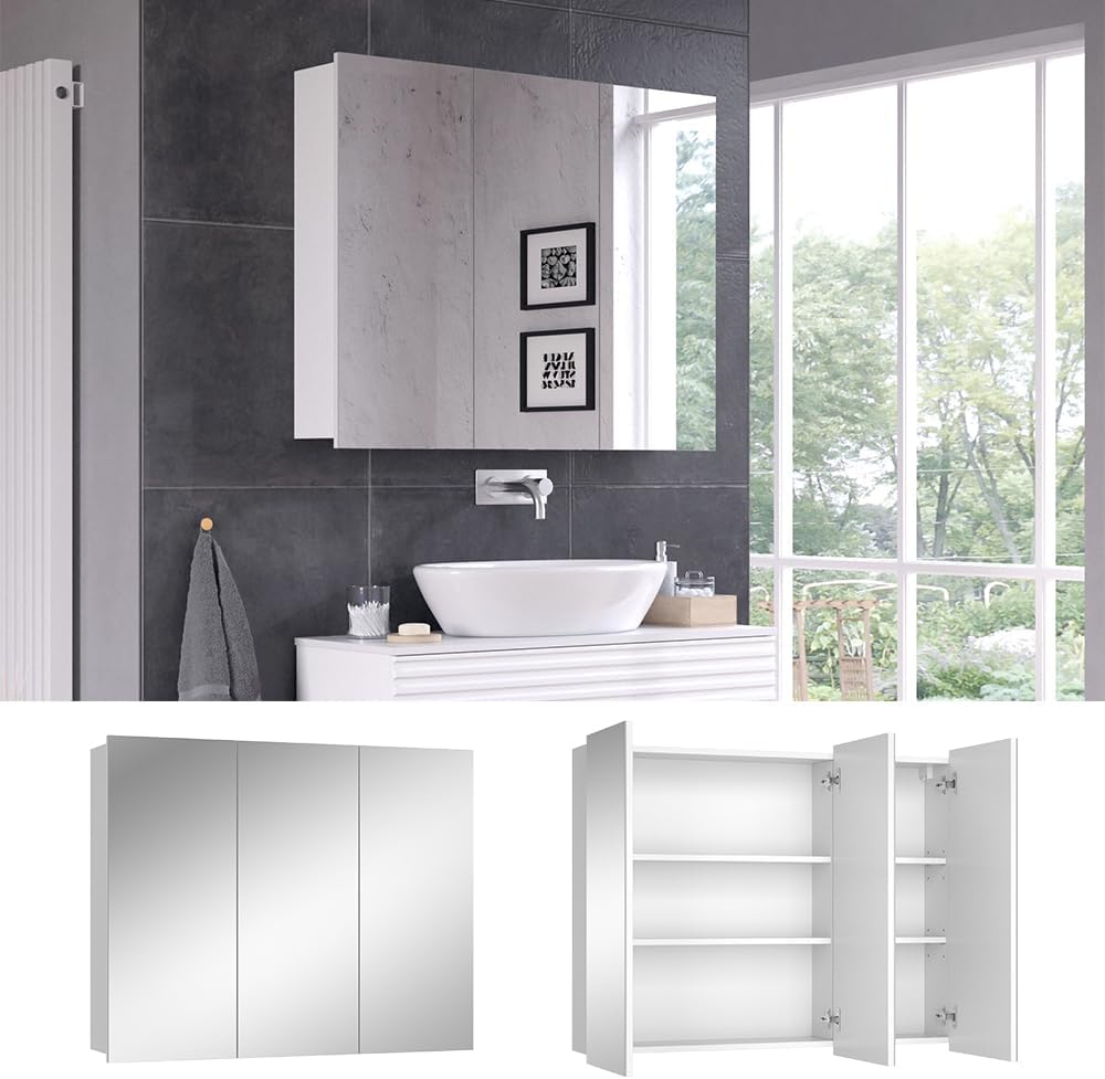 Vicco Bad Spiegelschrank Sola, Weiss, 100 x 79.8 cm mit 3 Türen 100 x 80 cm, 100 x 80 cm