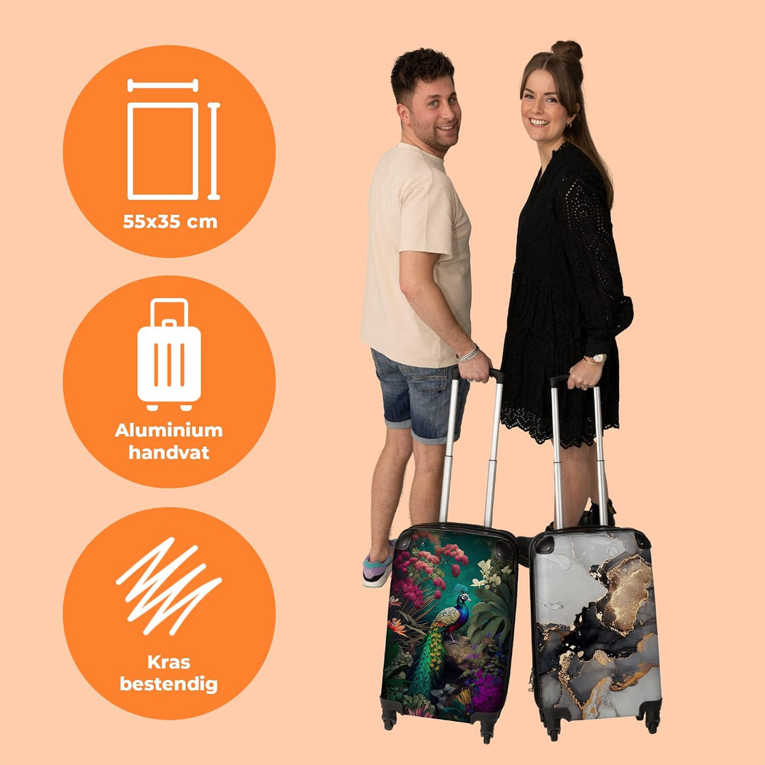 NoBoringSuitcases.com® Koffer Handgepäck Trolley Rollkoffer Kleine Reisekoffer mit 4 Rollen - Pfau -