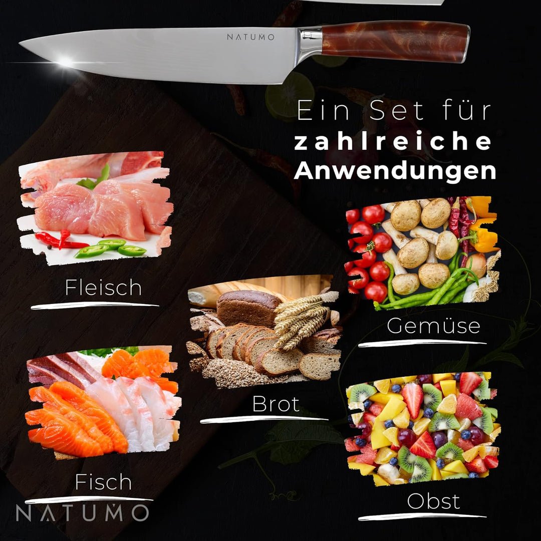 NATUMO Küchenmesser Set 9-teilig. HRC 56+ scharfes Messerset Profi in Damast-Optik aus Allzweckmesse