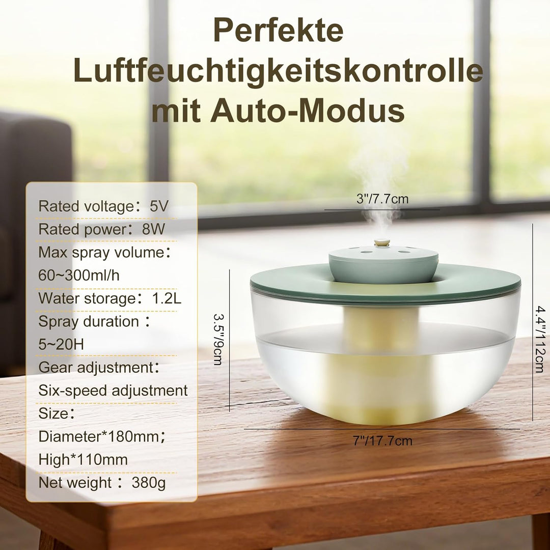 1,2L Mini Luftbefeuchter mit Beleuchtung, 20dB Leise 6-Speed Adjustable Cool Mist Humidifier, 300 ml