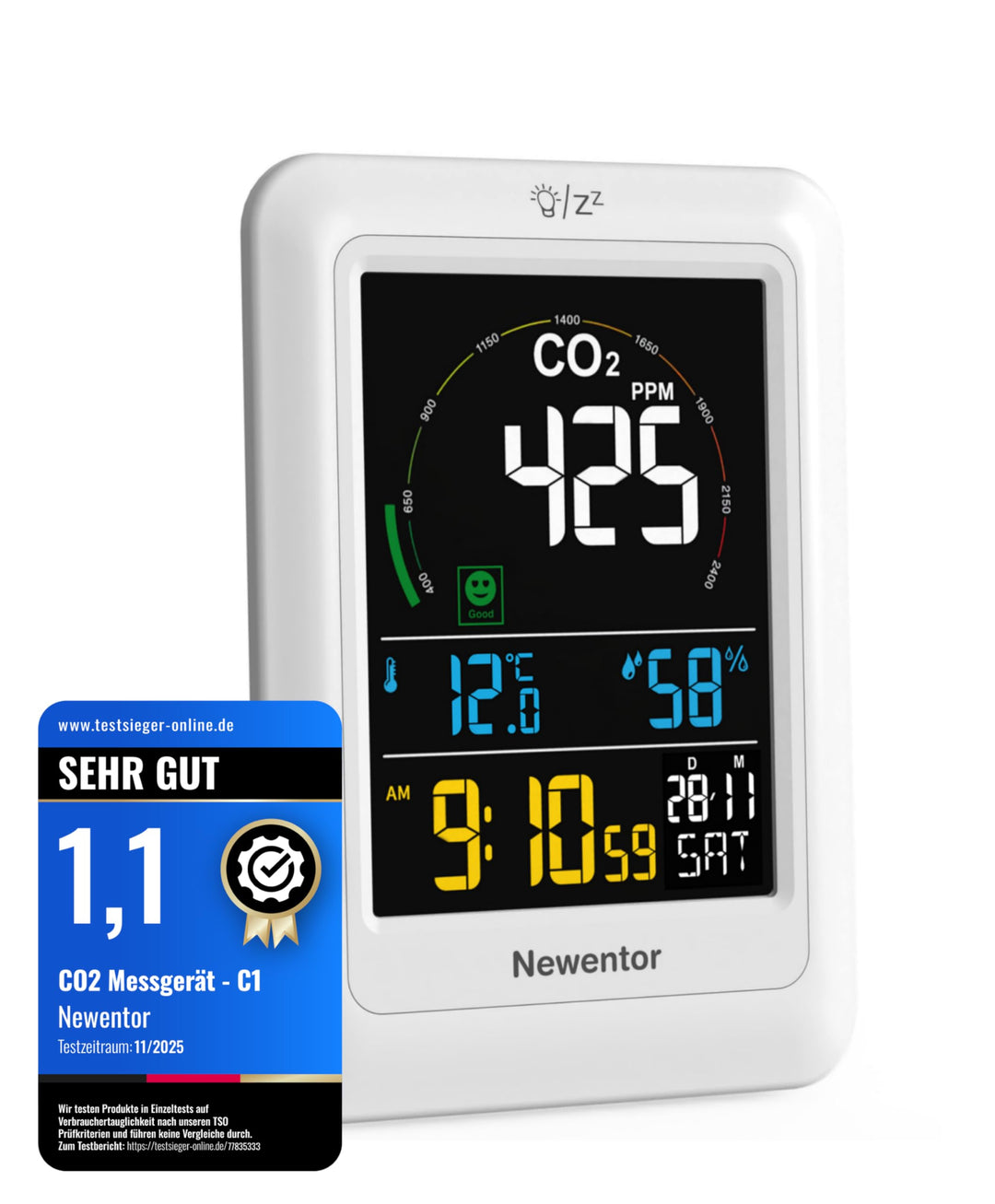 Newentor CO2 Messgerät, 4 CO2-Konzentrationsstufen mit Alarm und Lüftungsempfehlungen, Batteriebetri