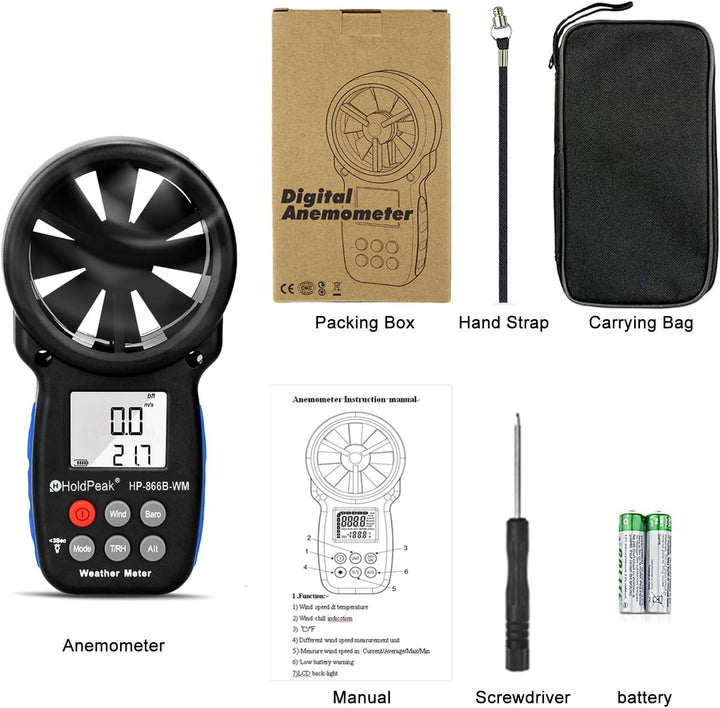Windmesser Windmessgerät, Digitaler Windmesser für Windgeschwindigkeit Temperatur Wind Chill Tester