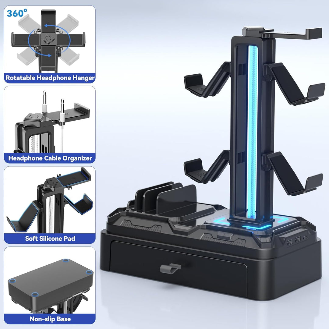 KDD Gaming Kopfhörer Ständer Led mit USB A Typ-C Ladegeräten, Headset Halterung Tisch & Abnehmbar Co