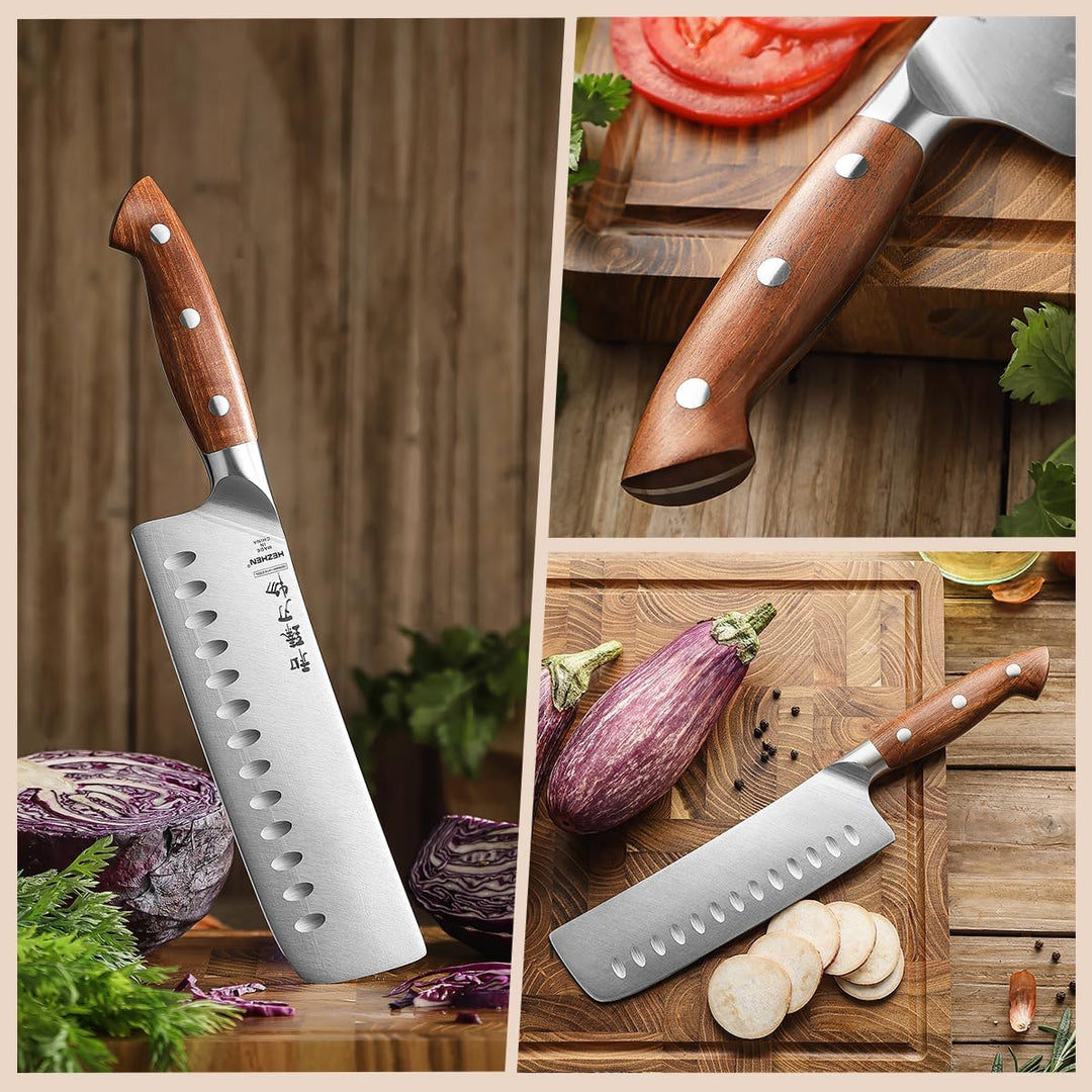 HEZHEN Rostfreier Stahl Nakiri Messer, Japanischer Stil Hackbeil Messer, Hartstahl Mehrzweckmesser A