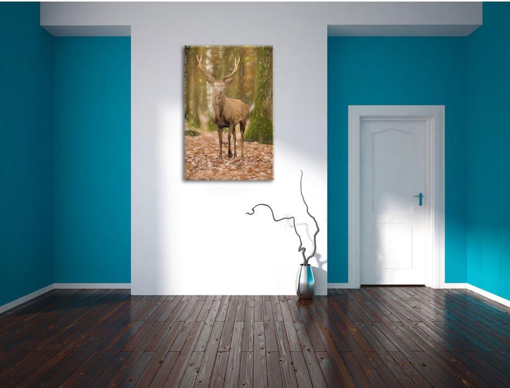 Pixxprint Schöner Hirsch im Wald als Leinwandbild/Grösse: 100x70 cm/Wandbild/Kunstdruck/fertig bespa