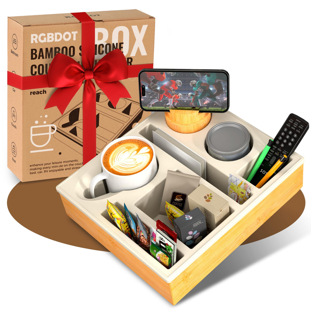 Couchbar Snackbox Silikon sofatablett mit 360 Grad Drehbar Handyhalter beistelltisch mit Holz Sofata