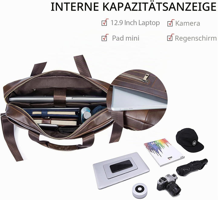 FANDARE Herren Laptop-Aktentaschen Leder Handtasche Business Umhängetasche Wasserdicht Crossbody Mes