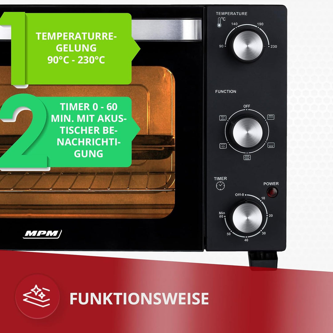 MPM Freistehender Elektrischer MPE-14/T - Ofen 22 Liter - Mini-Ofen mit Umluft und Timer - 1300W - S
