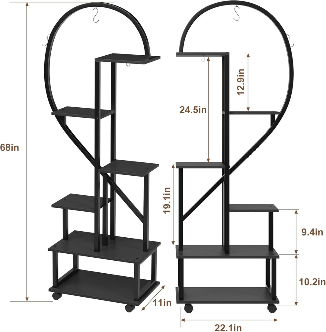 Pflanzenregal Indoor, Pflanzenständer mit Rädern, 6 Ebenen 172cm ,2 Pack Halbe Herzform Pflanzenstän