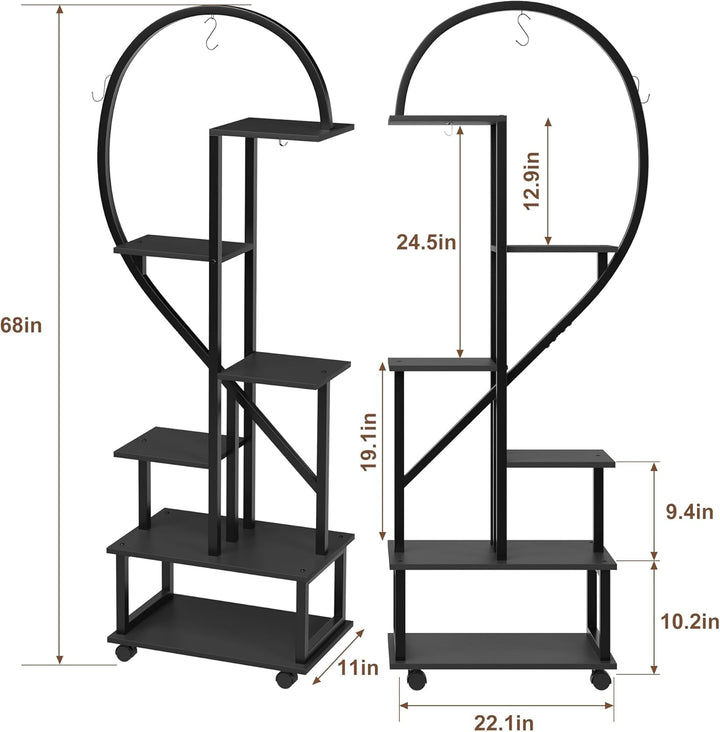 Pflanzenregal Indoor, Pflanzenständer mit Rädern, 6 Ebenen 172cm ,2 Pack Halbe Herzform Pflanzenstän