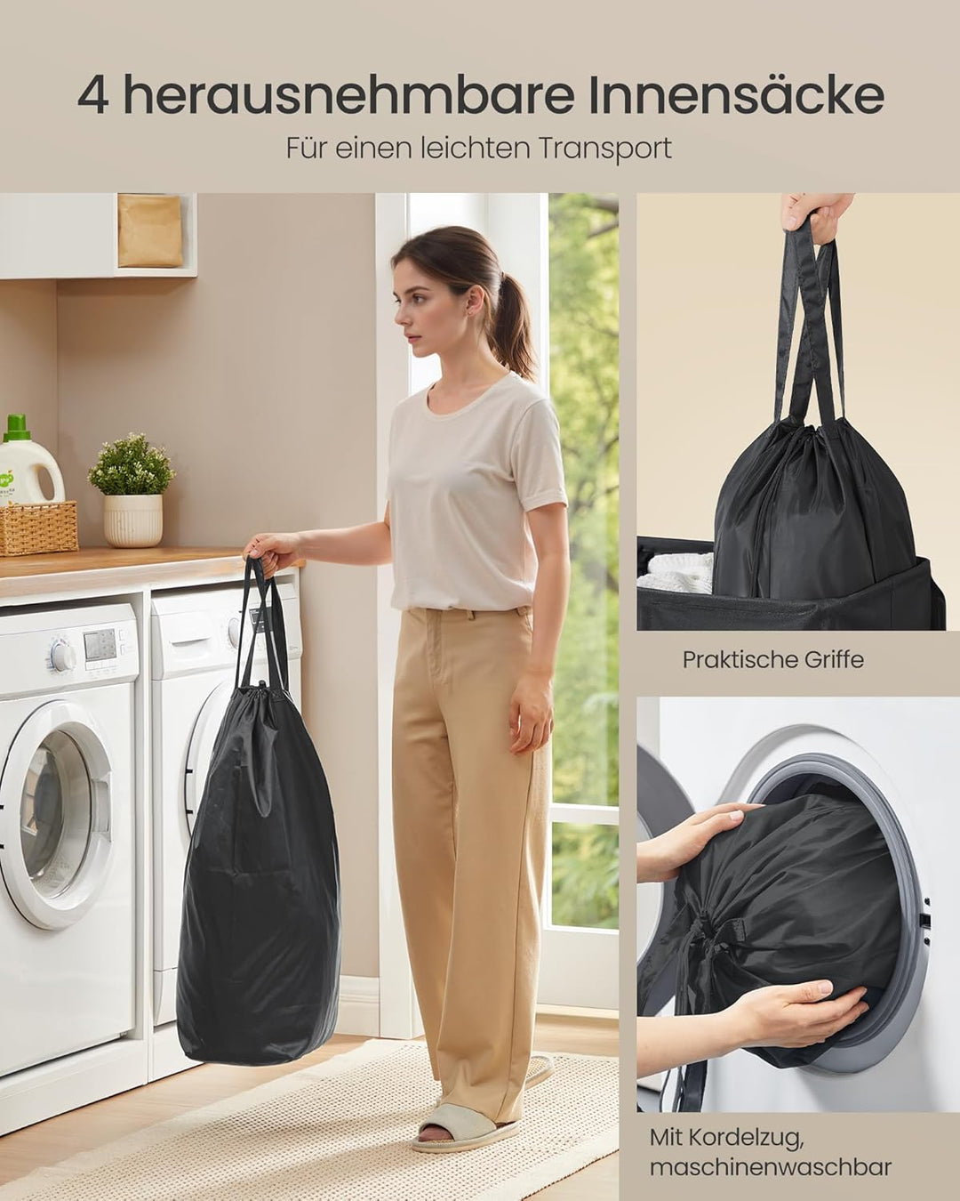SONGMICS Wäschekorb mit 4 Fächern, 210 L, mit Deckel, 5 Etiketten, herausnehmbarer und waschbarer In