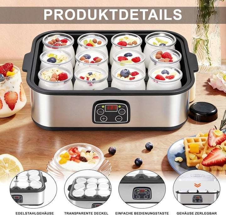 Joghurtbereiter 25W inkl 12 Glasbehälter à 180 ml Gesamtkapazität 2160 ml Digitaler Yogurt Maker mit