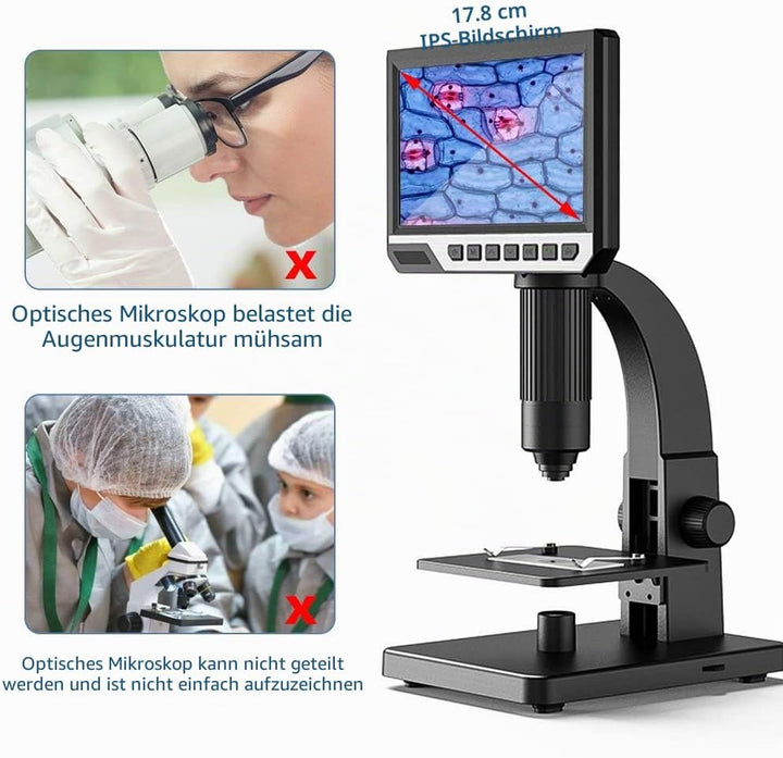 Digitales Mikroskop mit LCD-Display 7 Zoll (17.8 cm) Doppelobjektiv, 500 – 2000 X Kamera mit 12 MP u