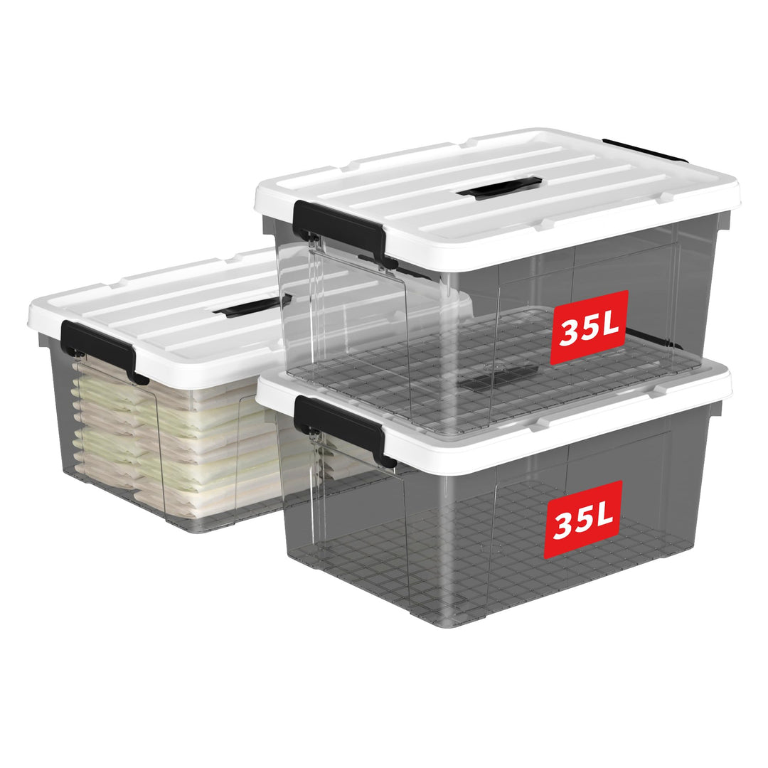 Cetomo,35L,3er-Pack, Aufbewahrungsbox mit deckel,Aufbewahrungsboxen, mit Clips, stapelbar, Wohnzimme