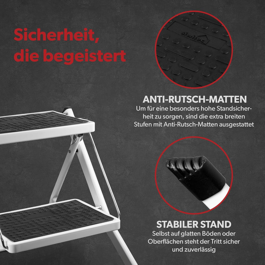 siwitec Mini Klapptritt mit 2 Stufen, Faltbare Leiter, Tritthocker bis zu 150 kg belastbar, Trittlei