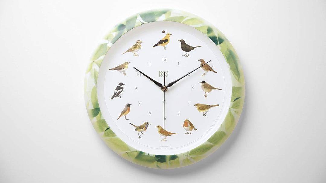 KOOKOO Singvögel Quarzwerk Leaf, Die Singende Vogeluhr, runde Wanduhr mit natürlichen Vogelstimmen,