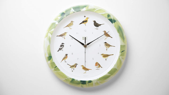 KOOKOO Singvögel Quarzwerk Leaf, Die Singende Vogeluhr, runde Wanduhr mit natürlichen Vogelstimmen,